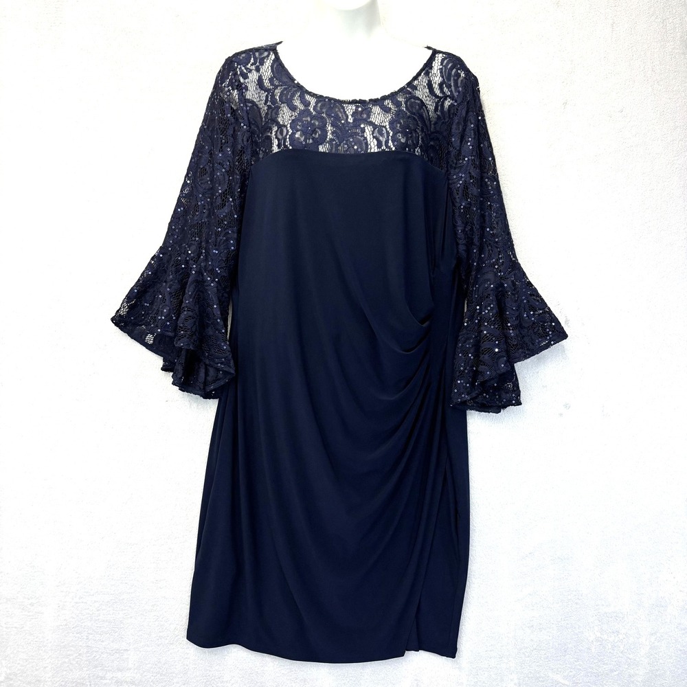 Adrianna Papell Lace Bell Sleeve Sheath Dress Womens 16 Navy Blue Sequin Formal